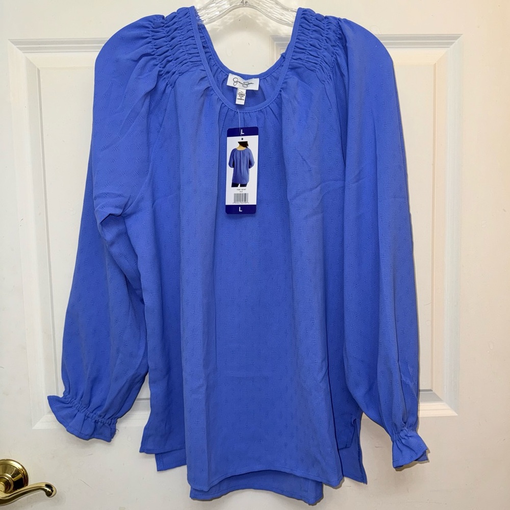 Jessica Simpson Textured Pullover Long Sleeve Elastic Cuff Ruffled Edge Blue Lg